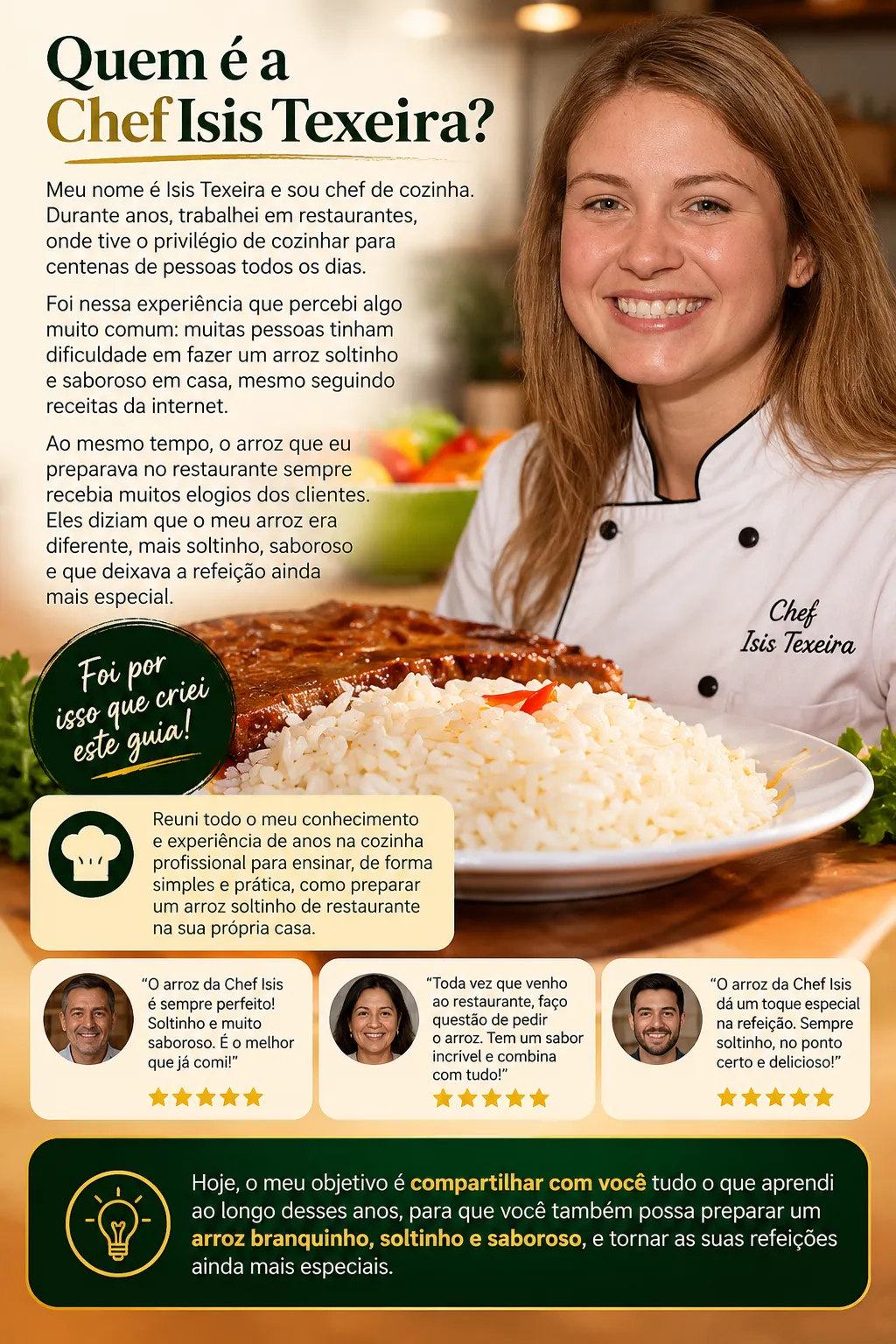 Quem e a Chef Isis Texeira - chef de cozinha, experiencia em restaurantes e objetivo de compartilhar o arroz perfeito