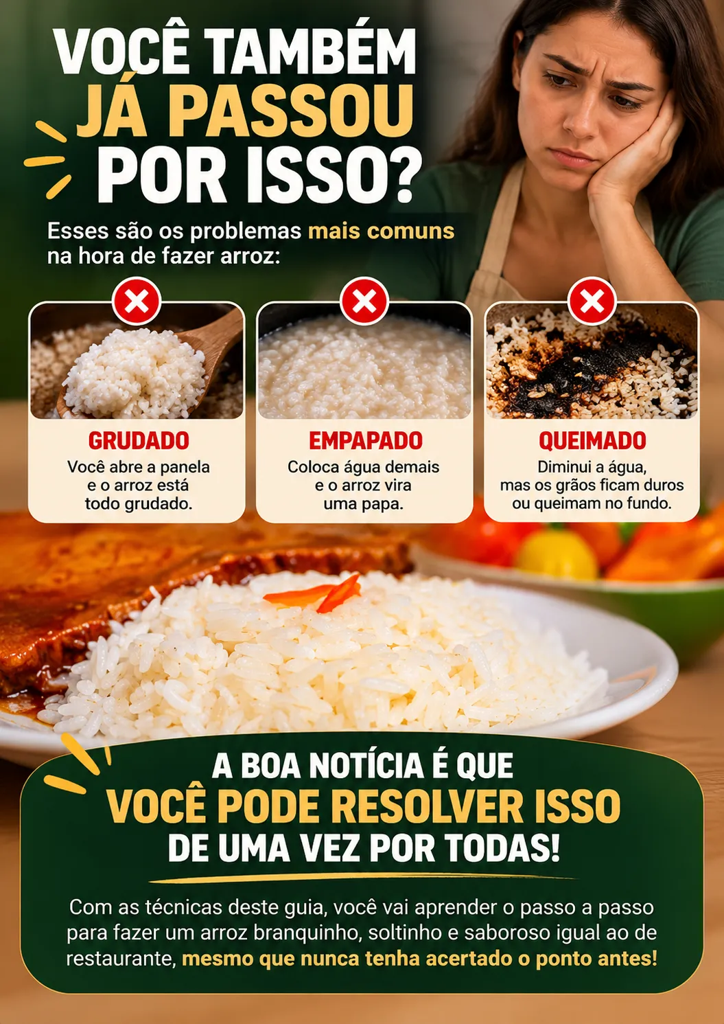 Problemas comuns ao fazer arroz - grudad, empapado, queimado